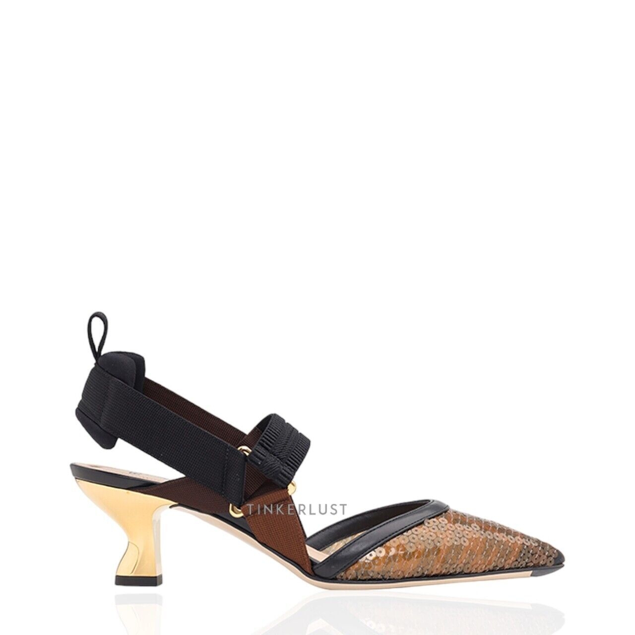 Fendi Colibri Slingback Pumps 55mm in Black/Amber Micromesh FF Motif with Sequin Embroidery Heels